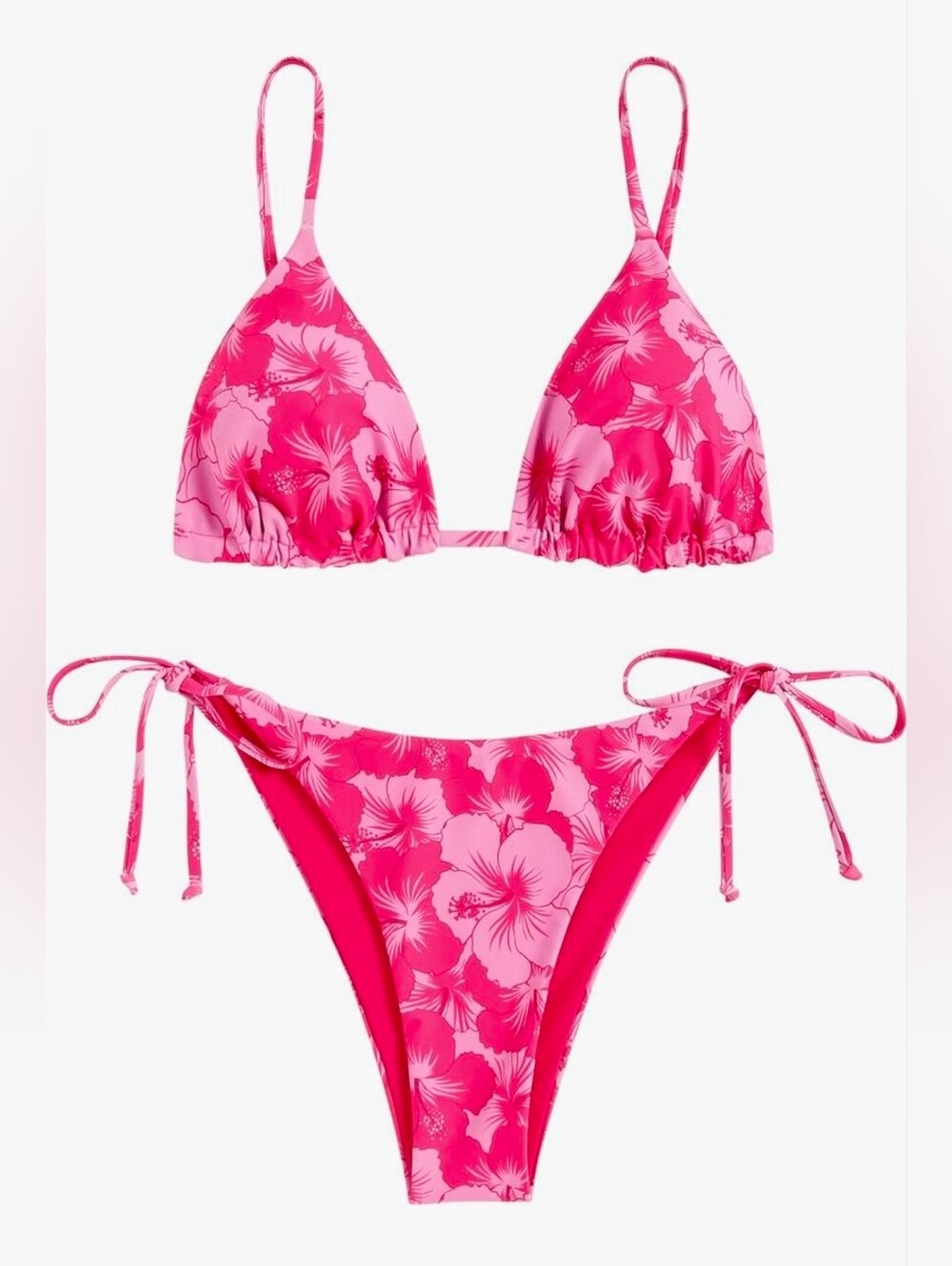 🌸Zaful Hot Pink Floral Tie-Side Triangle Bikini Reversable Swimwear Medium🌸